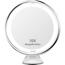 Auxmir Makeup Mirror with Lights, 10 x Magnifying Mirror with Suction Cup and 2 Brightness Levels, Light Up Mirror 7.87 Inches, Practical for Home and Holidays, White