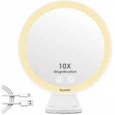 Auxmir Rechargeable Magnifying Mirror with Light, 10X Magnification Makeup Mirror with LED & Suction, 360° Rotating Mirror with 3 Brightness for Bathroom, Dressing Table Desk Bedroom White
