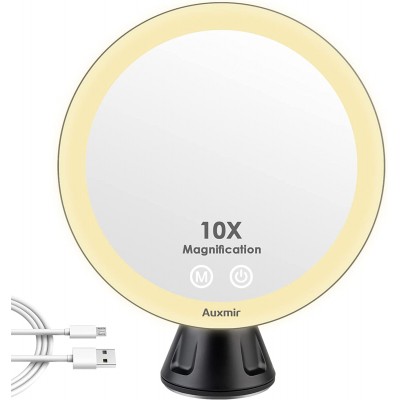 Auxmir Rechargeable Magnifying Mirror with Light, 10X Magnification Makeup Mirror with LED & Suction, 360° Rotating Mirror with 3 Brightness for Bathroom, Dressing Table, Desk, Bedroom, Black