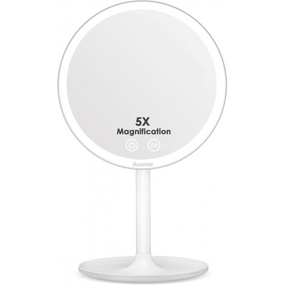 Auxmir Makeup Mirror with Light, Vanity Mirror with 5X Magnification, Dimmable Illuminated Led Dressing Mirror, 3 Lighting Modes & Touch Control, Rechargeable Cosmetic Mirror on Stand for Table Desk